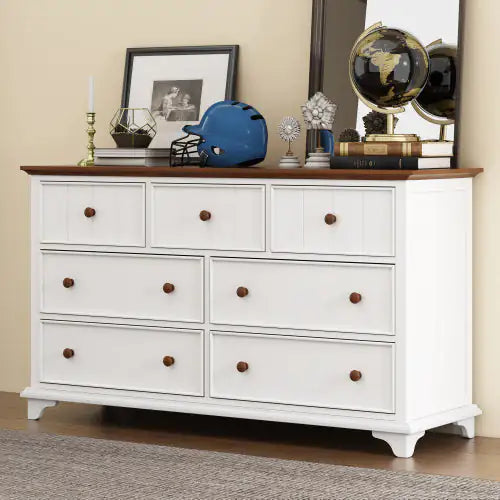 Wooden Captain Seven-Drawer Dresser For Bedroom, Living Room, Kids' Room, White Walnut