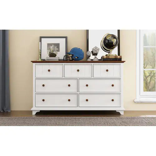 Wooden Captain Seven-Drawer Dresser For Bedroom, Living Room, Kids' Room, White Walnut